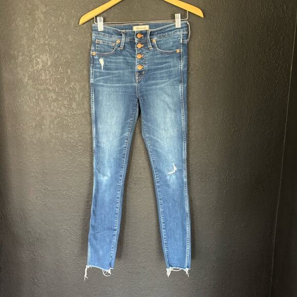 Madewell High Rise Skinny Distressed Deconstructed Hem Button Fly Denim Jeans - Picture 3 of 9